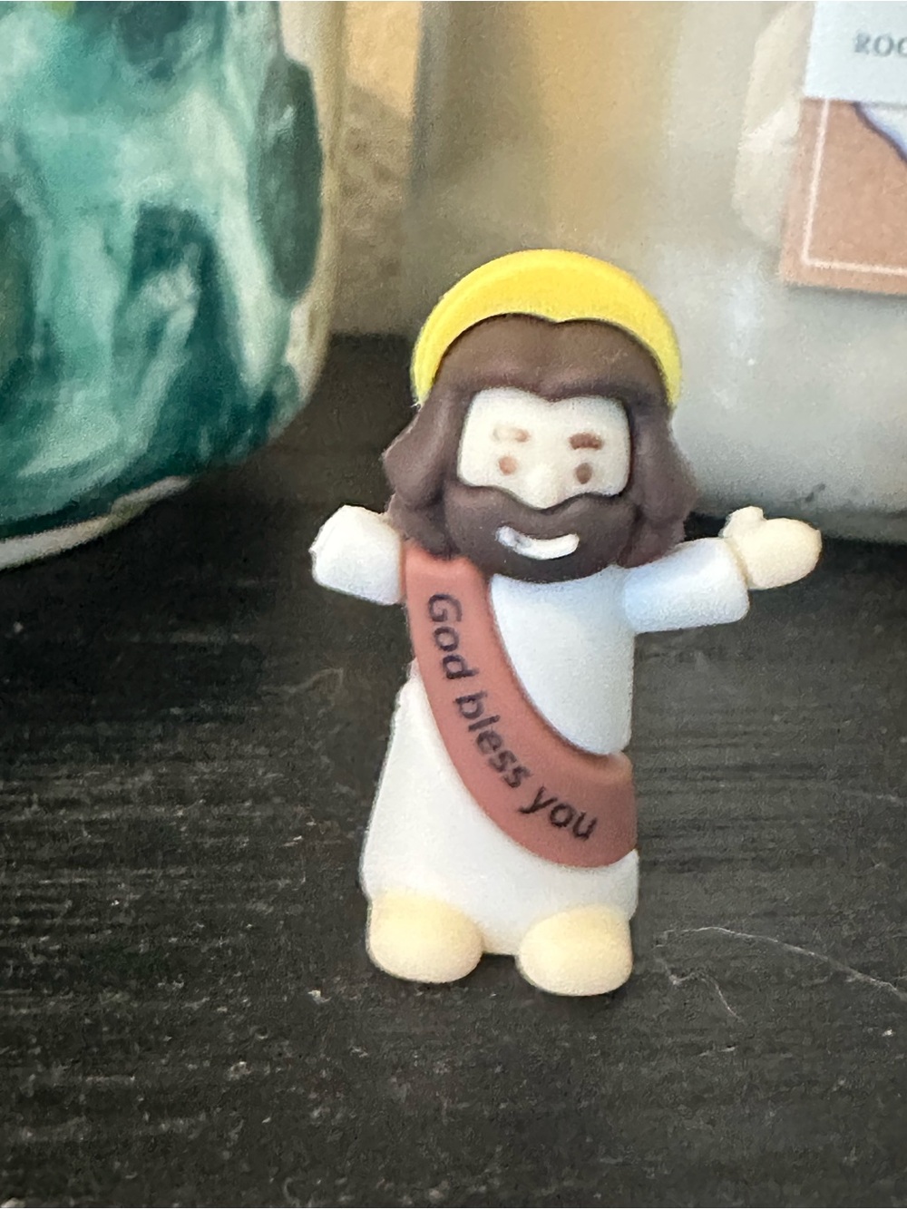 Mini 'God Bless You' Jesus Figurine - White, Brown, Yellow Accents